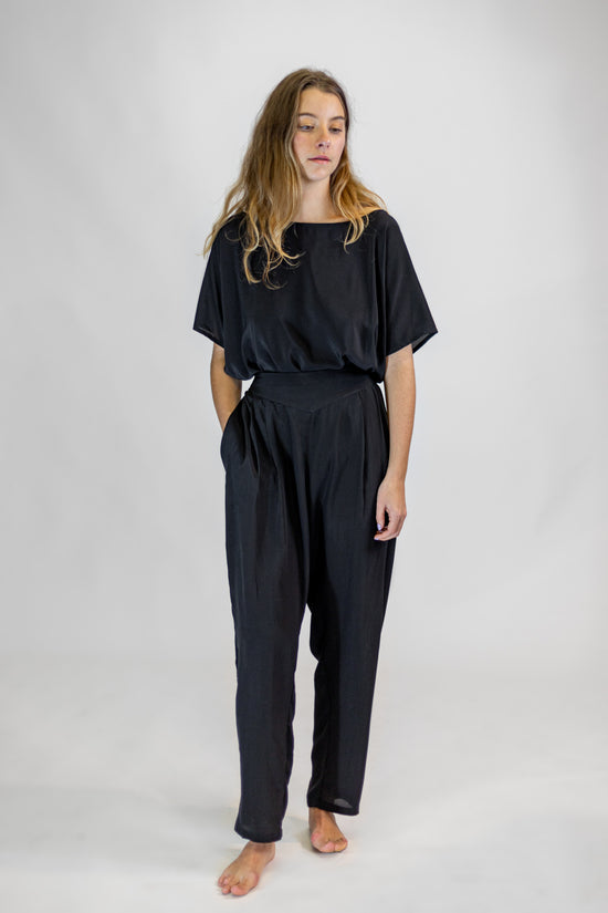 Image Title Silk Crepe De Chine Dining Trouser with V Waist Yoke and Pockets